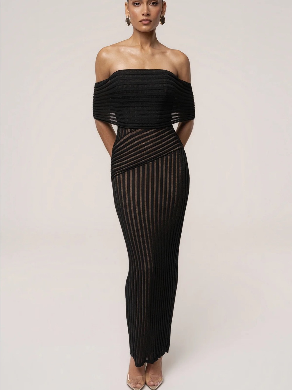 JLUXLABEL Black Strapless Ribbed Sheer Maxi Dress
